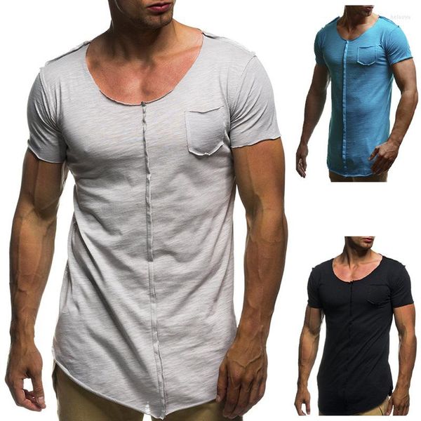 Yaz Avrupa ve Amerika'yı satan erkek tişörtler erkekler rahat moda ekibi boyun cep eklemi flaş ince fit kısa kollu tişört