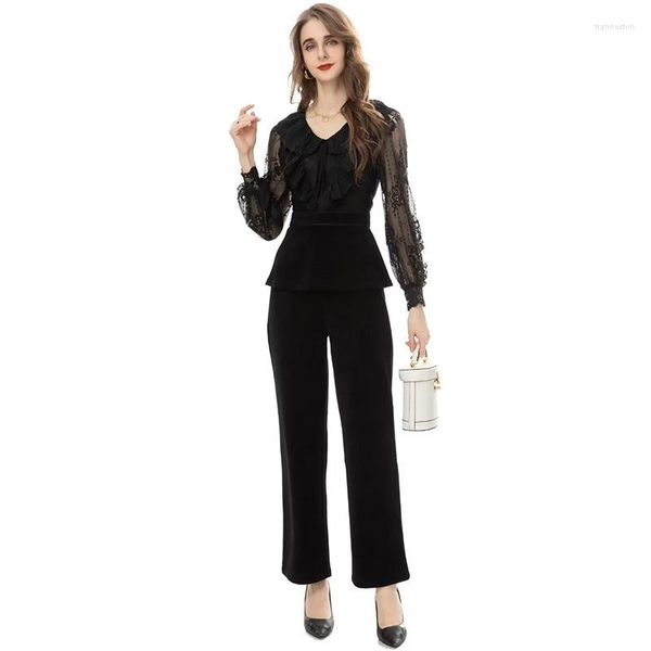 Женские брюки с двумя частями Janeyiren Fashion Catwalk Осень весна Black Pantsuit Женщины сетки лоскут с длинным рукавом топ бархатный бархат с двумя частями