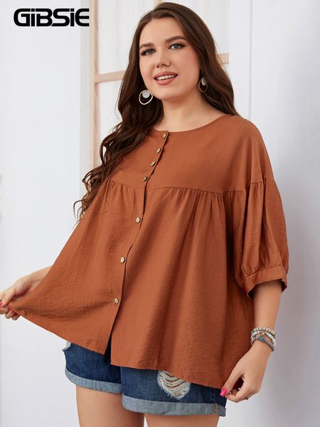 T-shirt taglie forti da donna GIBSIE T-shirt con bottoni frontali a tinta unita T-shirt da donna a mezza manica oversize estiva T-shirt da donna casual coreana 230506