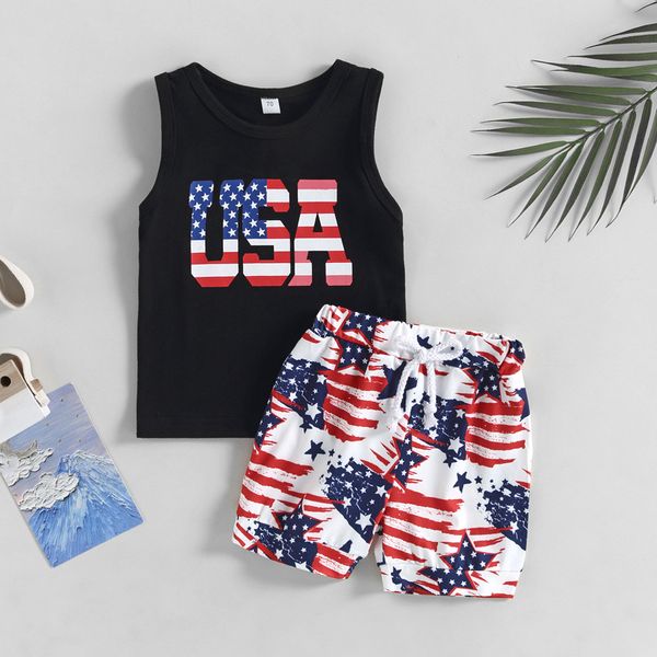 Bebek Erkek Moda Giyim Setleri Avrupa ve Amerika Toddler Mektup Baskılı Yelek T-Shirt ABD Baskı Amerikan Bayrağı Çekme Şortu Takım Toddler Casual Kıyafetler S2187