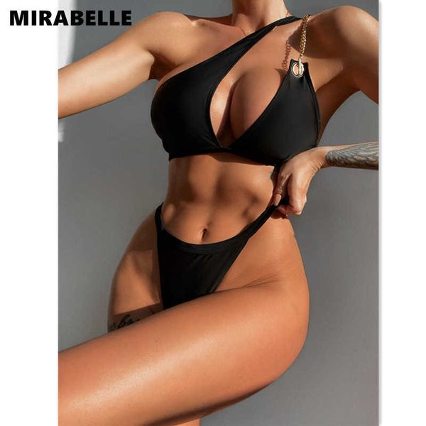 Costumi da bagno da donna MIRABELLE Bikini monospalla Costume da bagno sexy con cut-out Costumi da bagno neri 2022 New Chain Linked Biquini Perizoma Costumi da bagno Bikini J230506