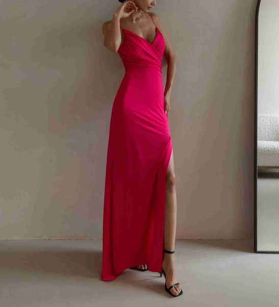 Beiläufige Kleider Kleider für Frauen 2022 Sommer-Spaghetti-Bügel-roter langer Rock mit V-Ausschnitt Sexy High Slit Enge Stretch-Seide Gesicht Elegantes Abendkleid Z0506
