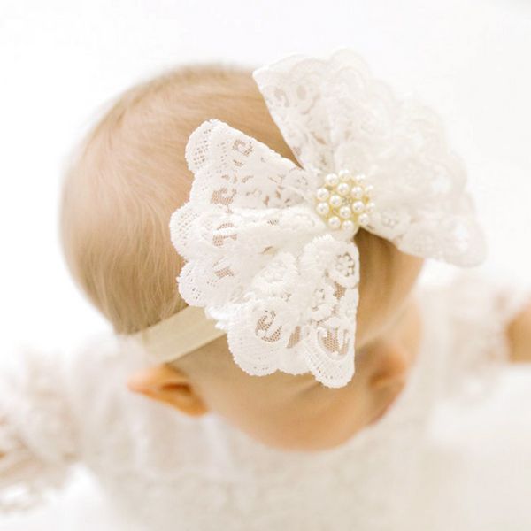 New Born Pearl Diamond White Stirnband Lace Bow Baby Mädchen Wide Lace Bowknot Turban Stirnbänder Infatil Foto Prop Pearl Headwear