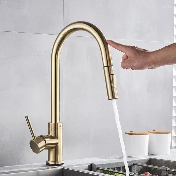 Küchenarmaturen Golden Smart Sink Wasserhahn Ausziehbare Düse Edelstahl Touch Außenhandel