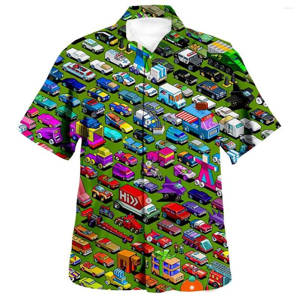 Camisas casuais masculinas carros de brinquedo 3d estampa de anime camisa praia praia de verão havaiano de luta curta