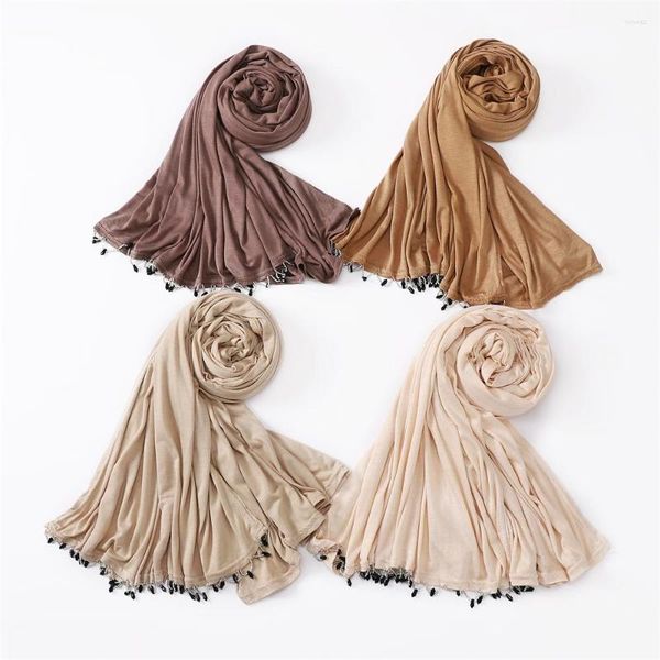 Schals Fashion Modal Baumwolljersey Hijab Schal mit handgefertigten Perlen langen muslimischen Schal Plain Soft Turban Tie Head Wraps für Frauen 10pcs