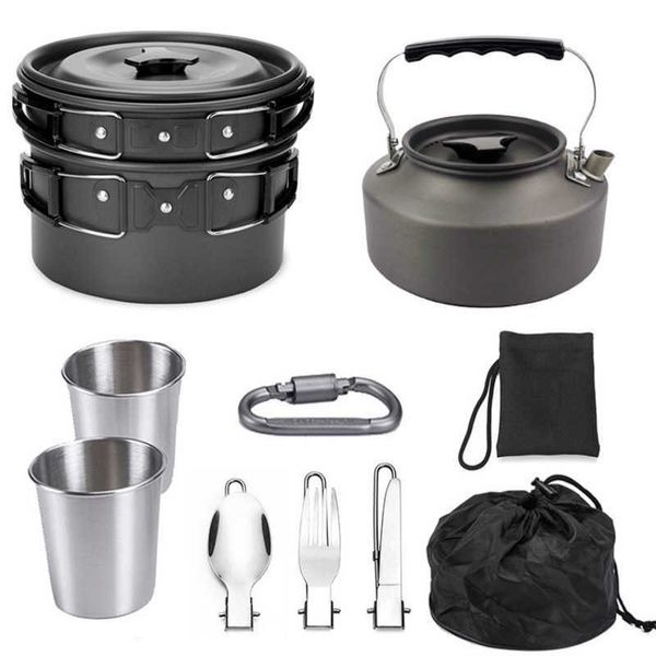 Cucina da campo 9 pezzi Escursionismo Campeggio Set di utensili da cucina portatili 2-3 persone Pentole da campo Pentole da esterno essenziali Tazze da cucina Picnic Attrezzatura da cucina P230506