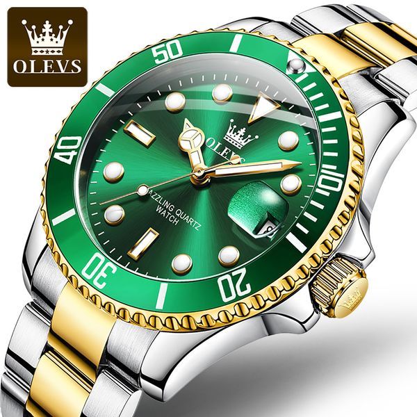 Avanadores de pulso Olevs Homens assistem a Diver Green água à prova d'água para o aço inoxidável Luxurz Luxury Luminous 230506