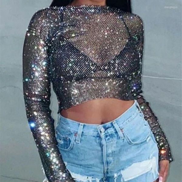 Damen Tanks Sommer Nachtclub Flash Diamond Sling Damen Crystal Glitter Strass Top Cropped Shiny Diamonds Long-Sleeve T-Shirts