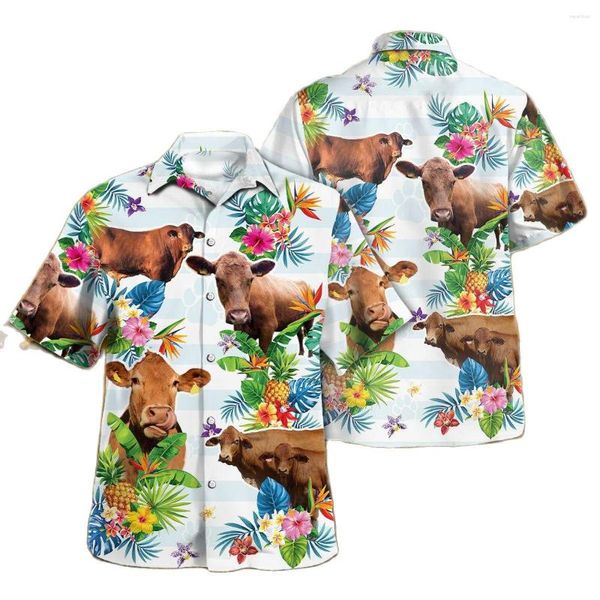 Camicie casual da uomo Jumeast Beefmaster Amanti del bestiame Fiore tropicale Uomo Camicia hawaiana Holstein Friesian Beach Camicetta Abbigliamento fattoria Contadino