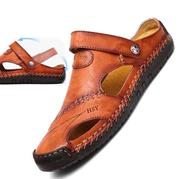 Sandálias masculinas novas sandálias de couro genuíno Moccasins Sapatos macios Praia Sandálias Sandálias Bohemia Tamanho 38-48 Hot Sale