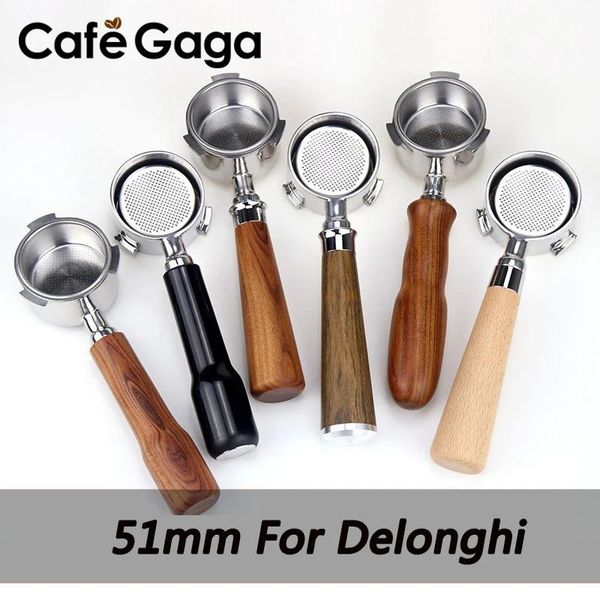 Coffeeware 51 mm für Delonghi Kaffee, bodenloser Siebträger, Dosierring, Espresso-Kaffeetrichter, Holzgriff, Filterhalter, Kaffeezubehör