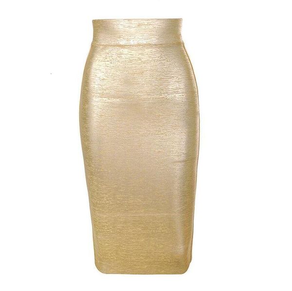 Gonne Donna Sexy Gold Rayon Bandage Gonne High Street Celebrity Lavorato a maglia Designer aderente Midi Gonne a matita 60cm 230505