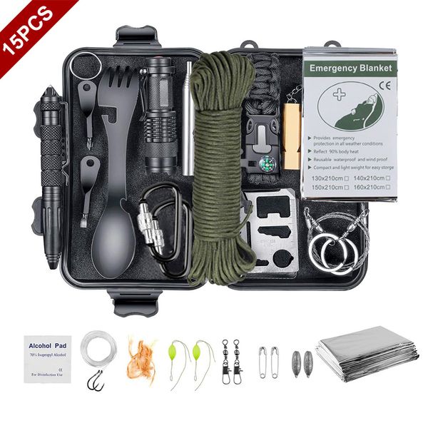 Outdoor-Taschen 15 IN 1 Survival Kit Set Camping Reisen Multifunktions Taktische Verteidigungsausrüstung Erste Hilfe SOS Wildnis Abenteuer 230505