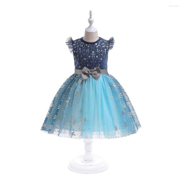 Vestidos de menina Flor Princesa Vestido azul para meninas Manga de tampa de verão Shinny Party Tutu Cosplay Costume crianças crianças de 4 a 8 anos de ano