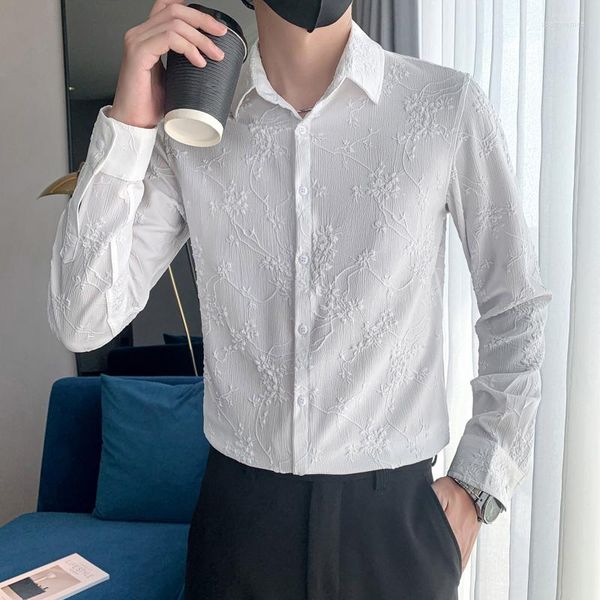 Мужские повседневные рубашки плюс размер 4xl-m Мода Жаккард с длинным рукавом для мужской одежды 2023 Slim Fit Club/Prom Tuxedo Chemise Homme