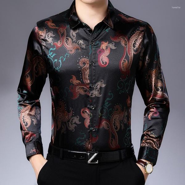 Camisas casuais masculinas masculinas de cetim vintage Blusa de seda barroca de seda Blusa de luxo Rouno floral estampado Tamanho grande