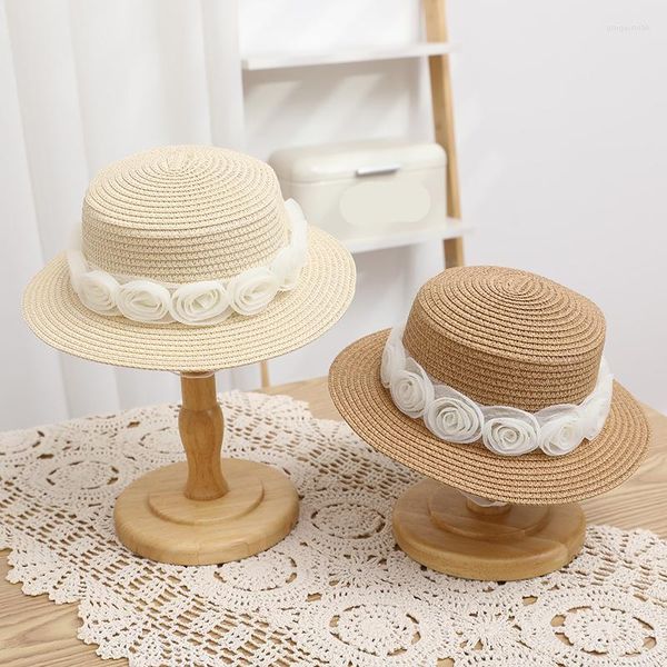 Hüte mit breiter Krempe 2023 Sommer Sonnenhut für Frauen Mode Blume Flach Stroh Panama Dame Anti-UV Eltern-Kind-Urlaub Strand