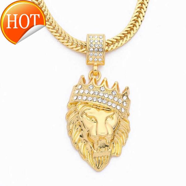 Hip Hop Schmuck Iced Out Klare Strasssteine Curb Cuban Chain Gold Crown Lion Head Anhänger Halskette für Männer Frauen