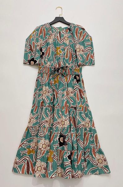 Freizeitkleider Retro-Print Damen-Baumwollkleid O-Ausschnitt, kurze Laternenärmel, elastische Taille, Lady Midi