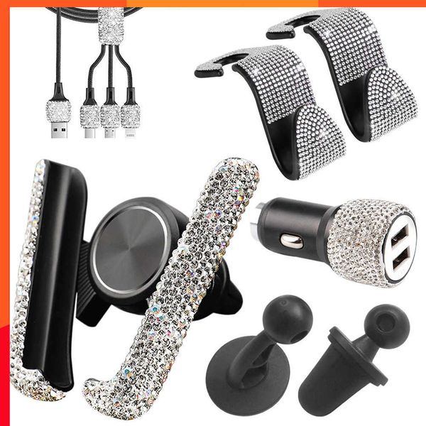 5pcs Rhinestone Araç Aksesuarları Set Bling Kiti İkili USB Araba Şarj Cihazı 3 Arada 1 Şarj Kablosu Hava Havalandırma Telefon Tutucu Kancalar