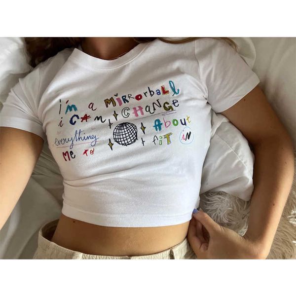 Женская футболка Kawaii Letter Graphic Print Print Top Top Oneck Basic Top Women Tyrt Streetwear Эстетика дешевая оптовая одежда Y2K футболка Z0506