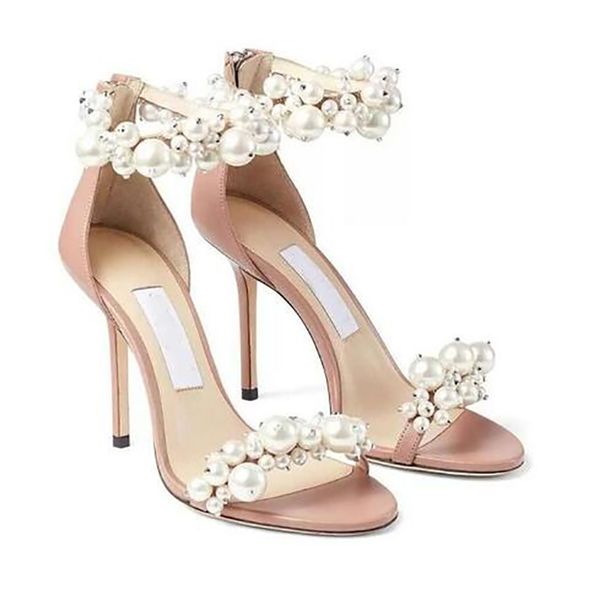 Marchi Designer Antia Nappa Sandali in pelle Scarpe Donna Sandali con tacco avvolgente in perle di cristallo Cravatta alla caviglia Tacchi alti Abito da sposa da sposa Gladiatore Sandali