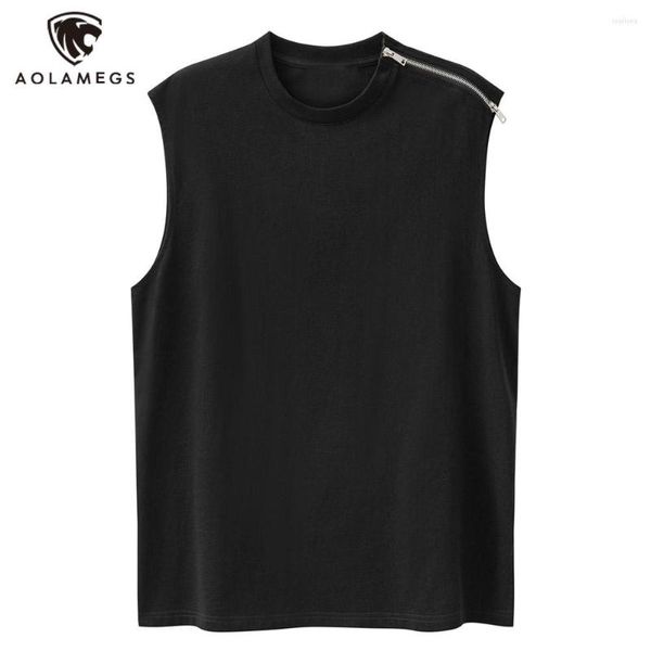 Tanques masculinos tampos de tanques de streetwear aolamegs homens sólidos com zíper de retalhos de retalhos de retalhos de verão high street moda hip hop baggy sleesess tee