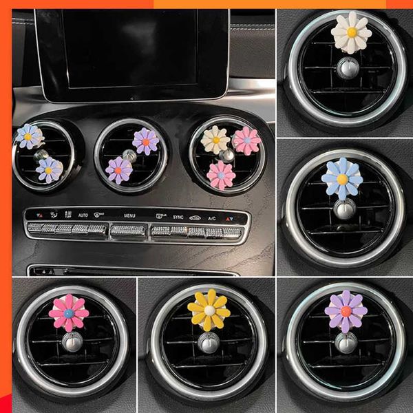 Luxuoso clipe de ventilação de carro com flores, 6 peças, pequena margarida, saída de ar condicionado, clipe de perfume, decoração, ambientador, acessórios de carro para mulheres