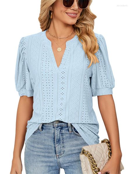 Blusas femininas 2023 Summer Hollow Out V Neck Camise