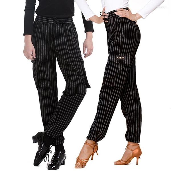 Stage Wear Pantaloni da ballo latino Pantaloni da tasca a righe unisex Modern Tango Rumba Samba Cha Dancing Practice Abbigliamento Donna Uomo DN4610