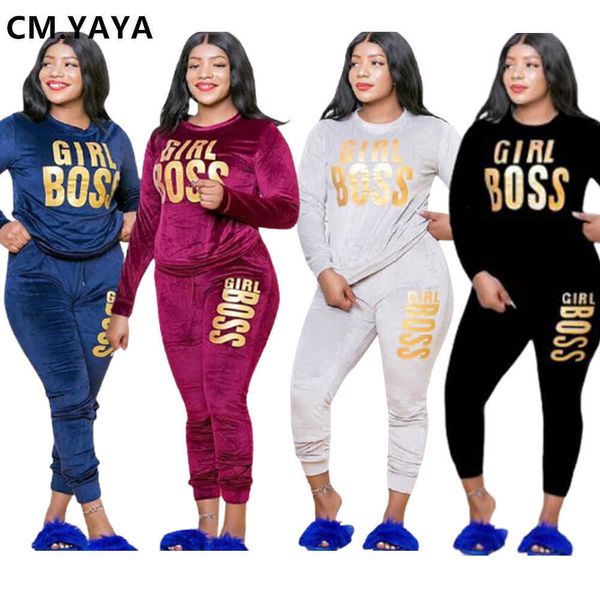 TRABALHOS femininos CM.yaya plus size xl-5xl letra imprimir veludo feminino feminino conjunto de moletom de calça de traje de traje de traje de duas peças