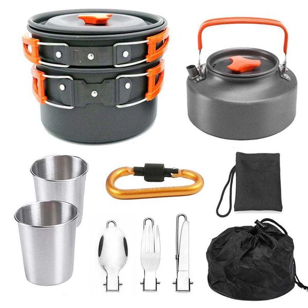 Camp Kitchen 2-3 Personen Aluminiumlegierung Outdoor Camping Kochgeschirr Set Picknick Topf Bratpfanne Wasserkocher Set P230506