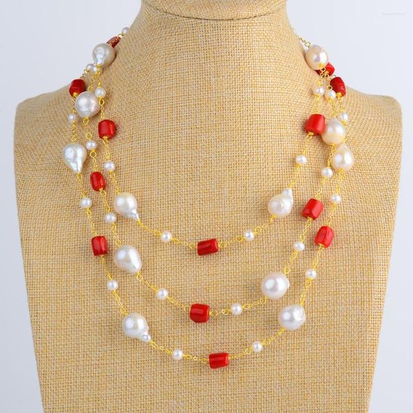 Collane con ciondolo Collana da donna con perle coltivate d'acqua dolce Keshi naturali da 64 pollici di corallo rosso bianco