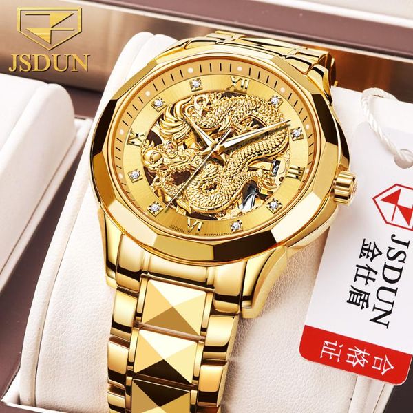 Нарученные часы JSdun Golden Dragon Dial Fashion Luminous Men Watch Top Mechanical Hollow Gold Reloj de Hombre 8840