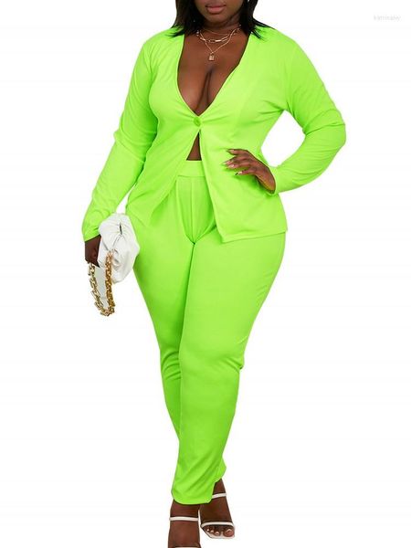 Damen Trainingsanzüge 2 Zweiteiler Große Größe Frauen Afrikanische Kleidung Solide Fluoreszierend Grün Langarm Ein Knopf Kleiner Anzug und Hose