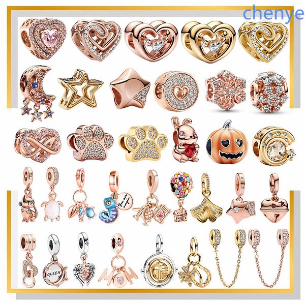 925 Silber Fit Pandora Charm Rose Gold Perle Kürbis Sterne Pfotenabdruck Herzförmige Perle Baumeln Mode Charms Set Anhänger DIY Feine Perlen Schmuck