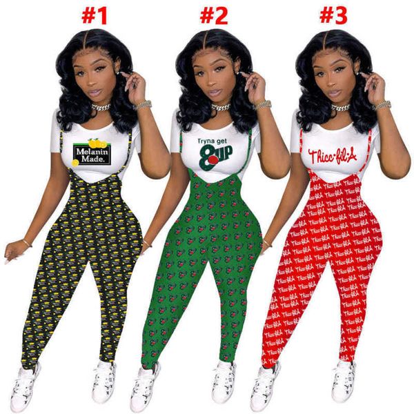 Mulheres de duas peças Designer Ruos de rastreio esbelto Novos letras Padrão Impresso Manga curta T-shirt Suspender Jumpsuit Ladies Roupfits