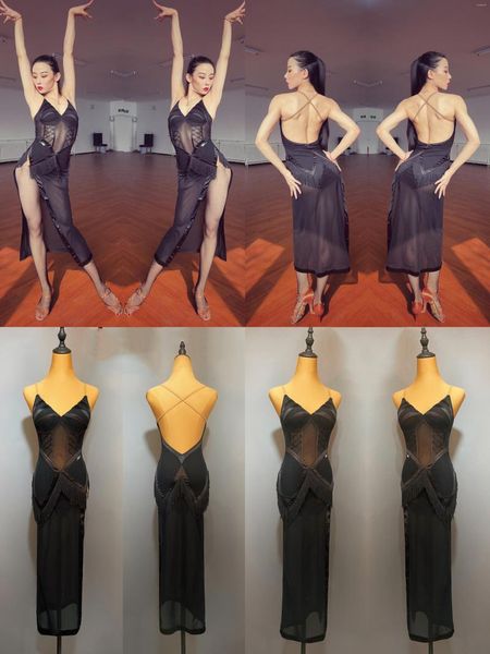 Stage Wear Latin Dance Competition Dress Women Black Mesh High Slit Sexy Tango Perfomance Prom Dresses Costume JL5504