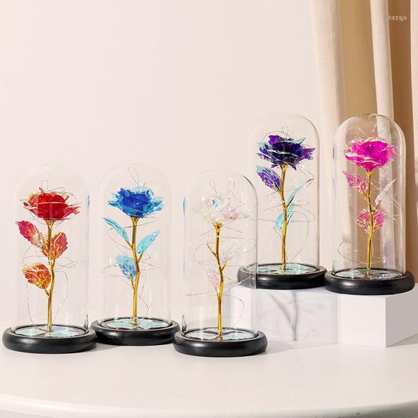 Fleurs décoratives Saint Valentin cadeau pour sa fleur de cristal de verre Galaxy Rose avec lumière anniversaire maman fille femme petite amie