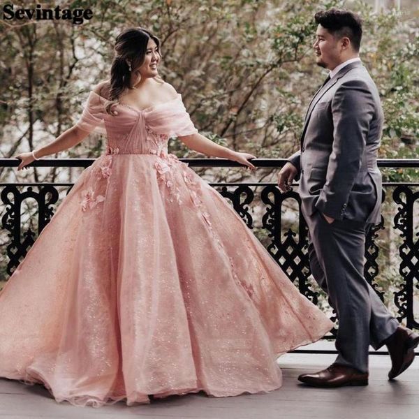 Abiti da festa Sevintage Blush Pink Lace Prom Tulle lucido Fiori 3D Abiti da sposa con spalle scoperte Abito da sera formale a linea