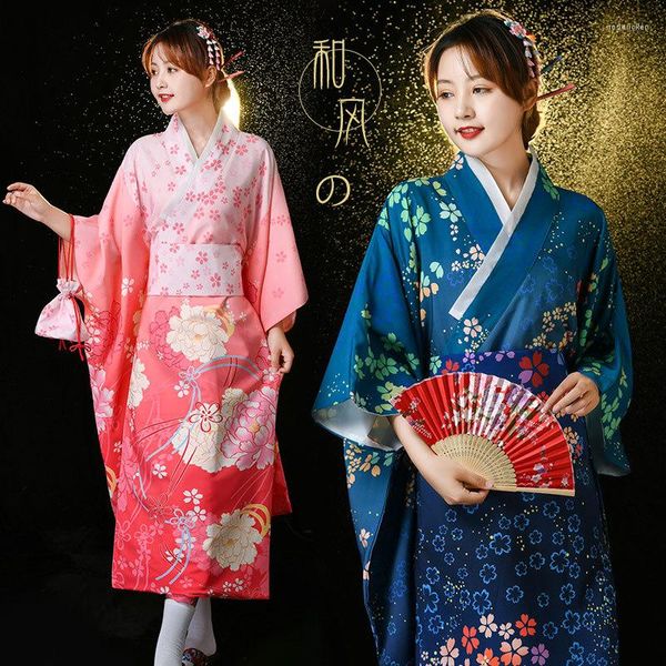 Roupas étnicas estilo japonês lady kimono vestido sexy mulheres komono yukata com obi vestido de fantasia de festa vintage