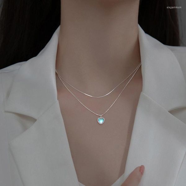 Collane con ciondolo Colore argento Doppio amore Collana con pietra di luna a forma di cuore Collana con catena a clavicola con pietre preziose sfumate semplici da donna