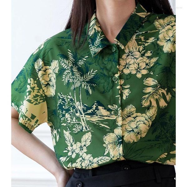 Damen Blusen Hochwertige Marke Retro Grüne Blume Button Up Shirt Damen Tops Lose Lässige Bürodame Mode Strand Stil Sommer Groß