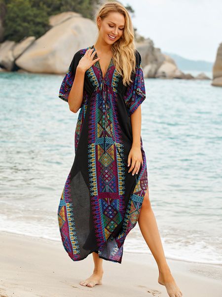 Menas de banho feminina Plus Size Kaftan Beach Túnica Mulheres Summer Summer Weat Swimsuit Cover Up Ladies Bohemian Dress Robe De Plage Sarongus Pareo 230506