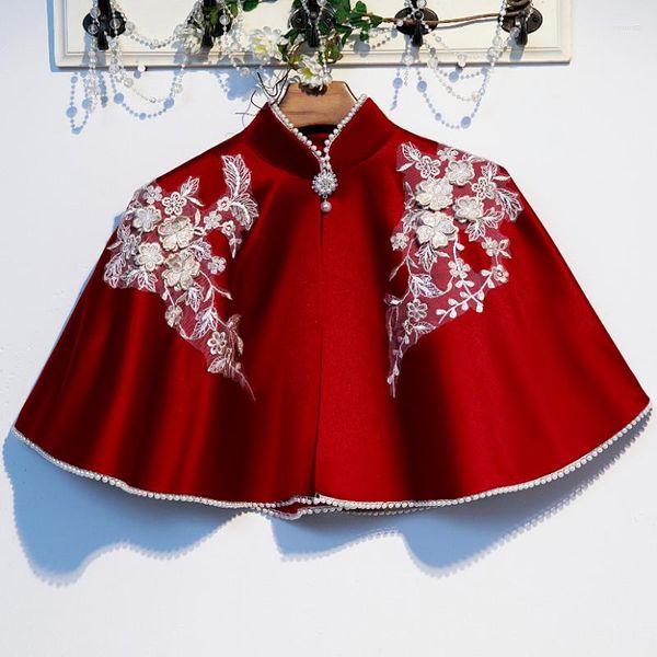 Sciarpe da Donna Primavera Autunno Vintage Pizzo Perla In Rilievo Rosso Pashmina Femminile Inverno Scialle Mantello Colletto R1401