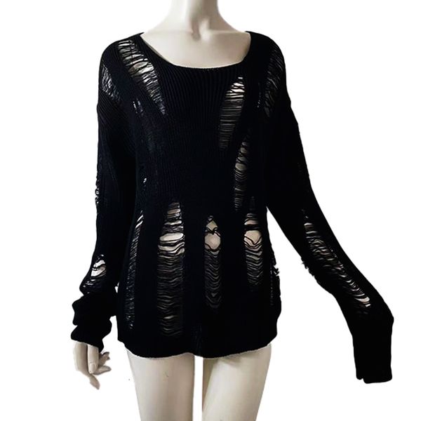 Kadınlar Tişört Kadın Dark Goth Split Delik Örgü Sweaters Siyah Gotik Lady Hollow Out serin kazak kazak Sonbahar Seksi Çekme Jumper 230506