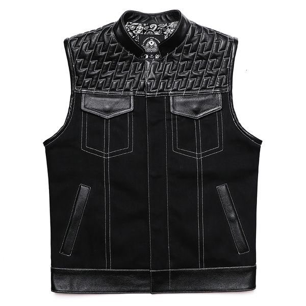 Gilet da uomo SOA Club Style Gilet in pelle da motociclista Uomo Pelle bovina Denim Patchwork Gilet Biker Uomo Giacca senza maniche 230506