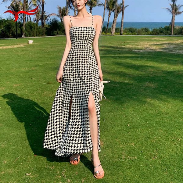 Повседневные платья Houndstooth Women Long Dress Elegant Office Lady Fashion Sexy Plays Deck Spaghetti Best Fashion Off Plouds Beach Sunress Z0506