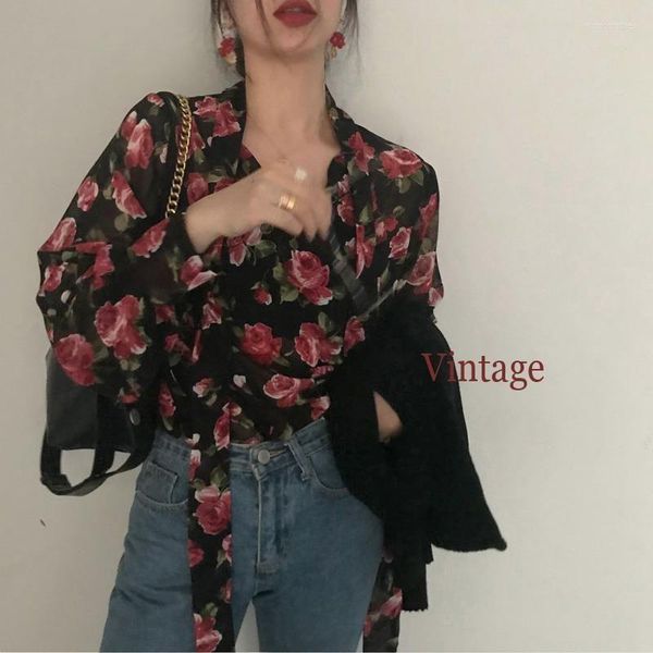 Blusas femininas retro hong kong rosa camisa floral chiffon blusa de manga longa 2023 Spring Autumn High Street Nicho Top Women